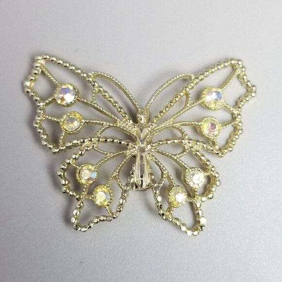 Vintage AB Rhinestone Butterfly Brooch, Pale Gold Tone, Cut Out Wings, Estate - Picture 2 of 6